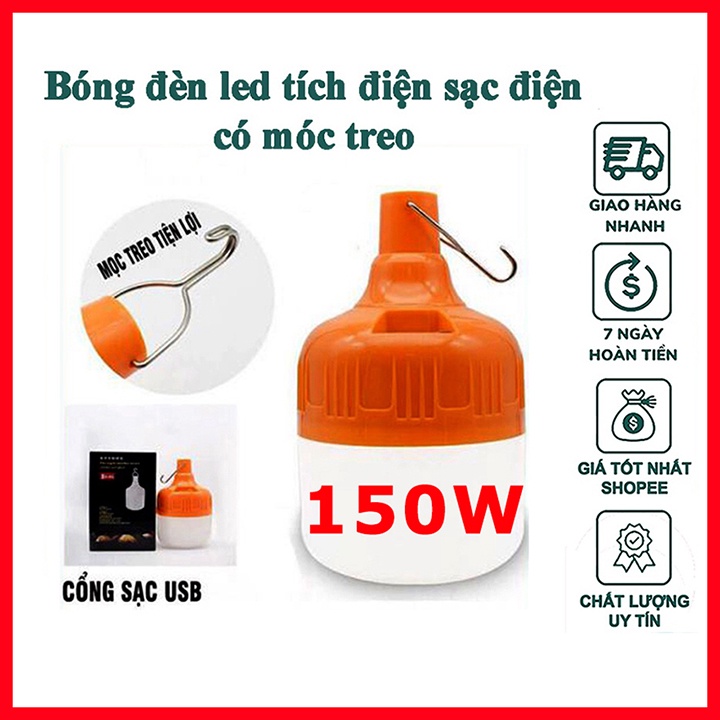 Bóng đèn Led tích điện 150W sử dụng 6-8h có móc treo tiện dụng, bóng đèn led trụ chiếu sáng đa năng 2 pin sạc 18650