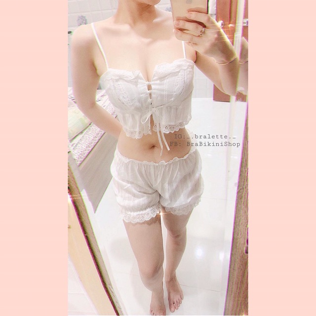 Bộ đồ ngủ hai dây phối ren trắng, bo chun. Đồ ngủ sexy B045 | BigBuy360 - bigbuy360.vn