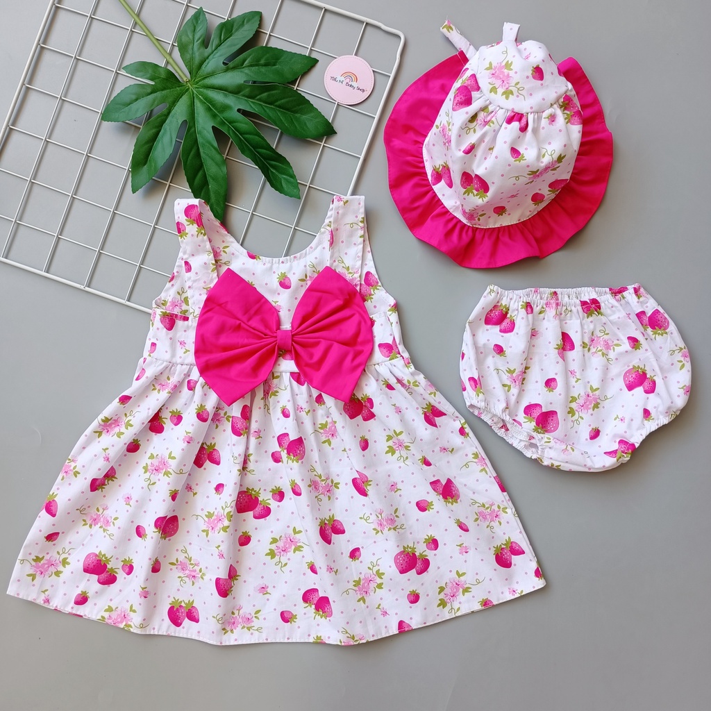 Đầm Hoa, Váy Hoa Nơ Cho Bé Gái, Bé Sơ Sinh- Kèm Quần Chip Và Mũ. Chất Vải Cotton Mềm Mại.