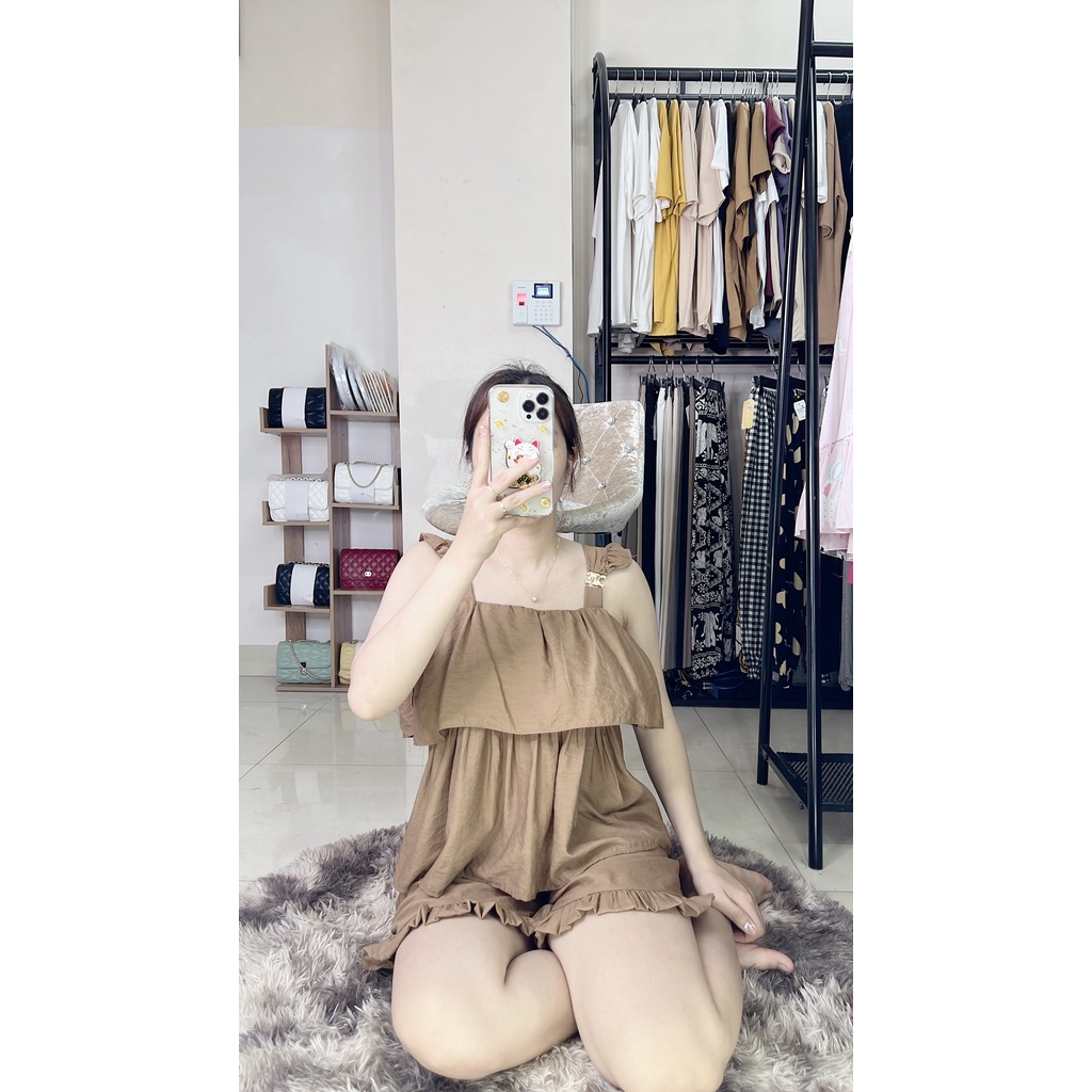 Bộ mặc nhà 2 dây bản to quần đùi mát mẻ, chất vải đũi nhẹ tênh lên dáng tiểu thư Minxu Shop SE03