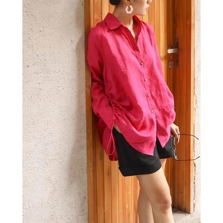 Áo sơ mi nữ dài tay form rộng rút eo SLINEN, chất vải Linen bột Premium, form áo suông rộng không kén dáng.