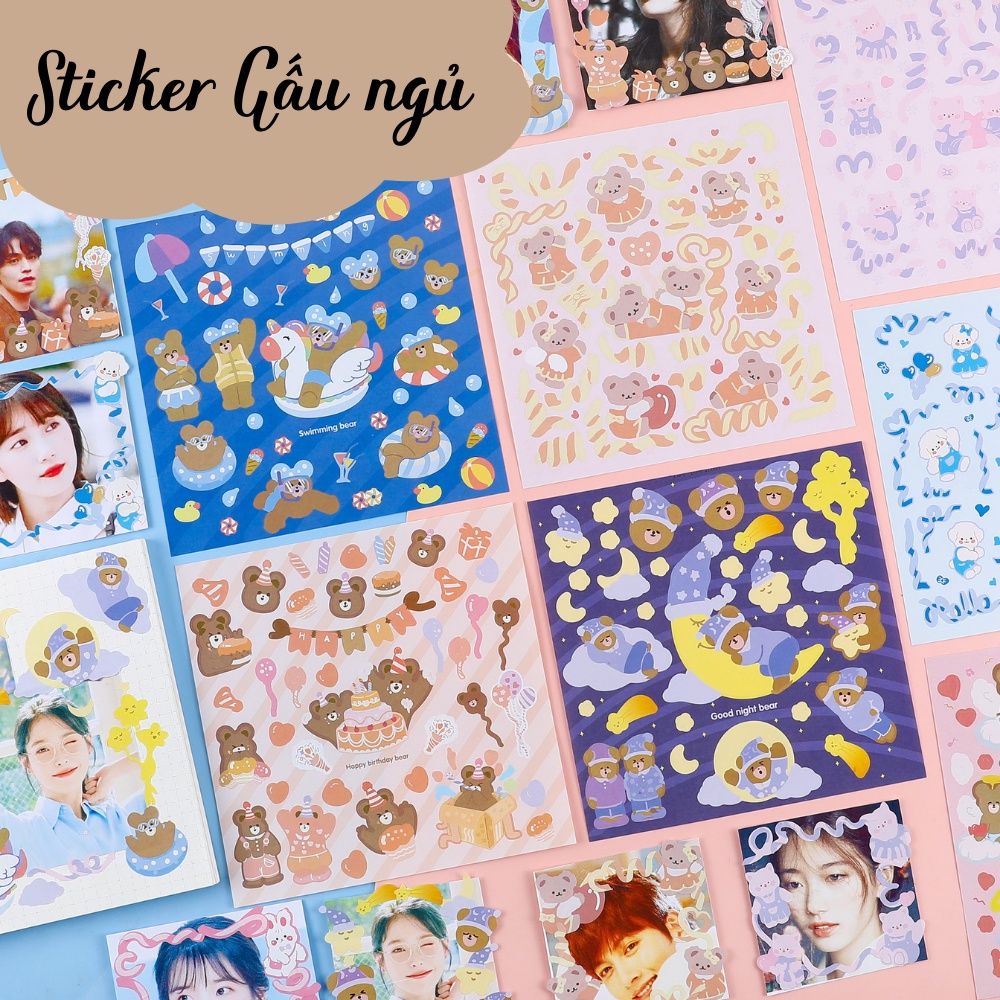 Sticker Gấu ngủ, gấu ruy băng loại vuông trang trí sổ, toploader