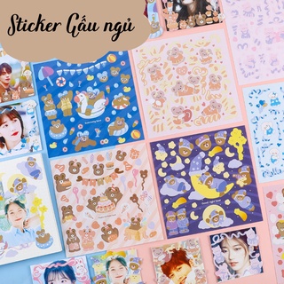 Sticker Gấu ngủ, gấu ruy băng loại vuông trang trí sổ, toploader