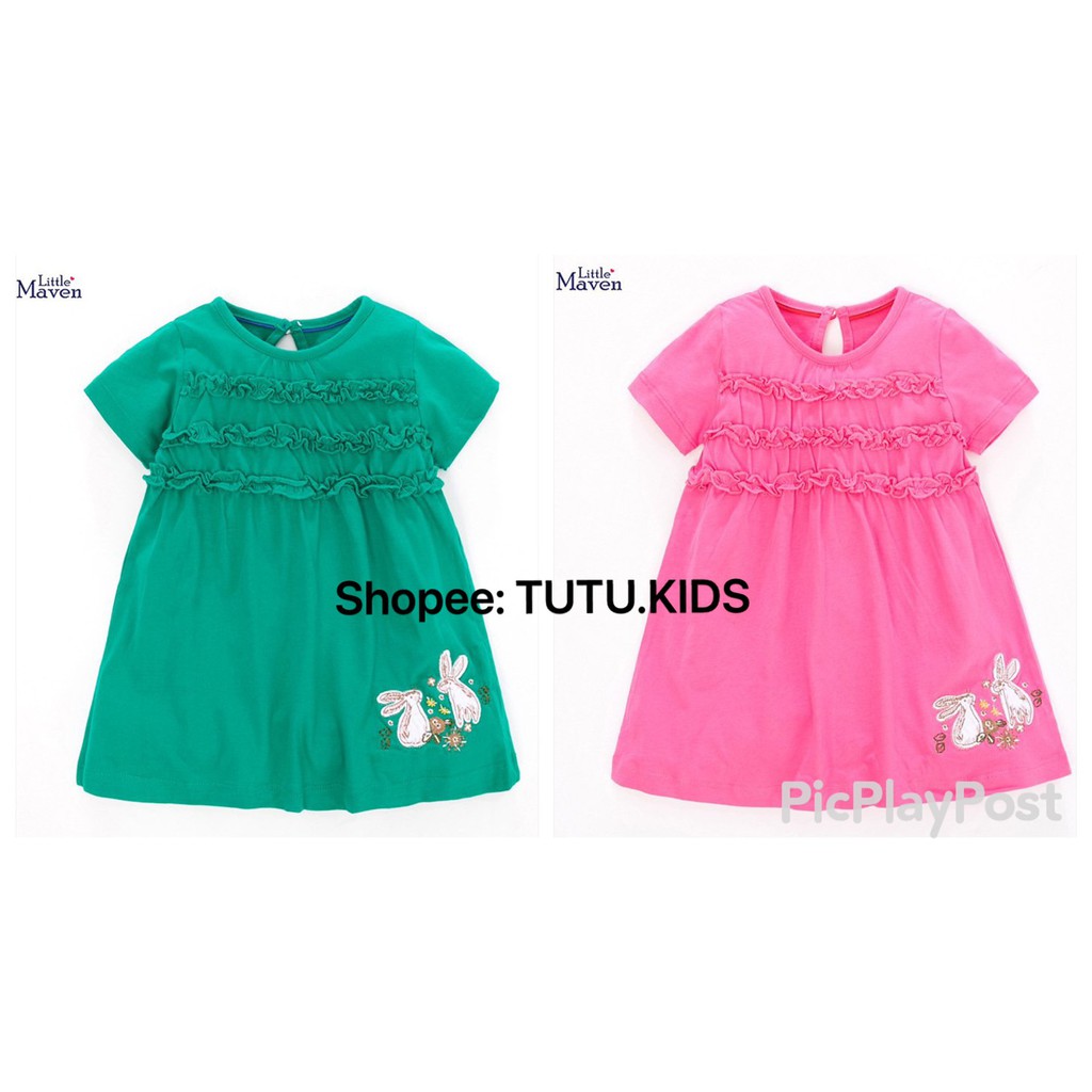 Váy bé gái Little Maven cổ tròn bèo ngực  siêu điệu váy thêu họa tiết thỏ ngộ nghĩnh đủ size 2-5T