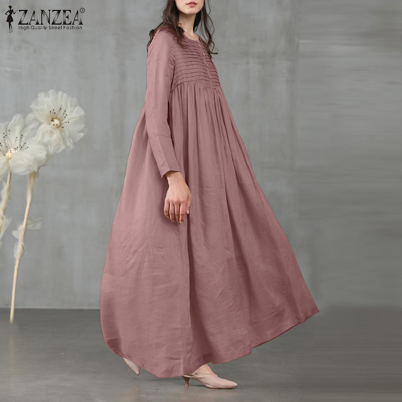 Đầm ZANZEA Cho Nữ Tay Dài Cổ Vuông Xếp Ly Thời Trang
