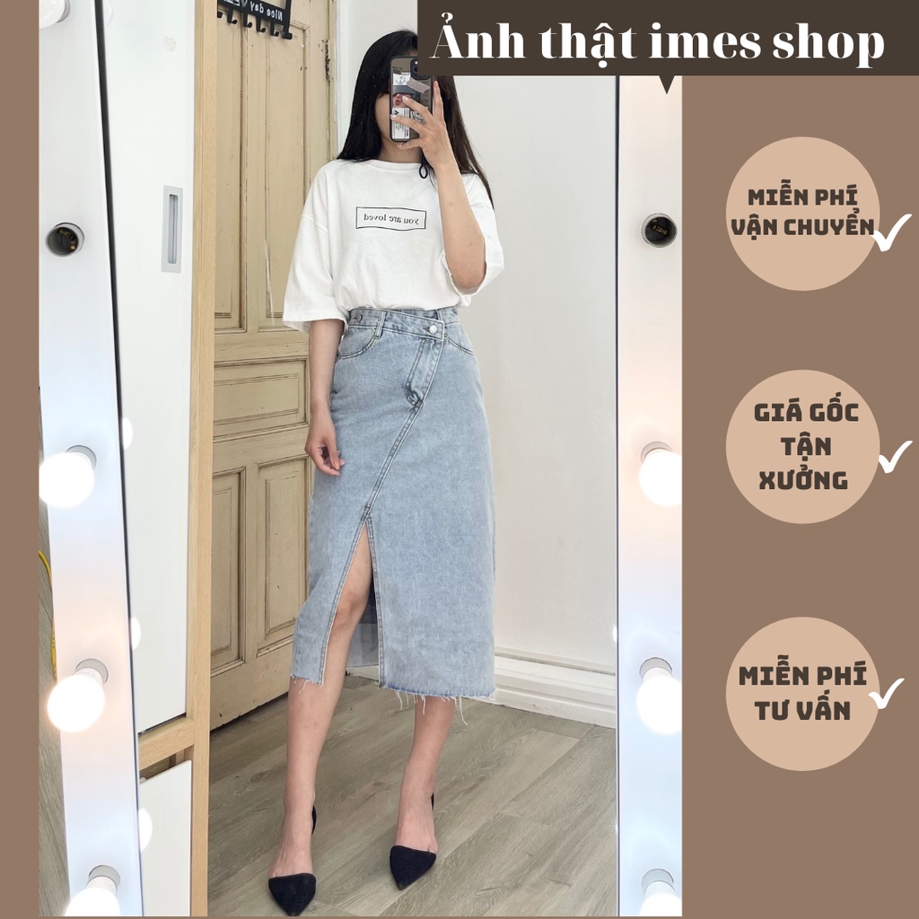 Chân váy Jean cạp cao dáng dài khoá lệch, chân váy phong cách ulzzang 1685 imes shop