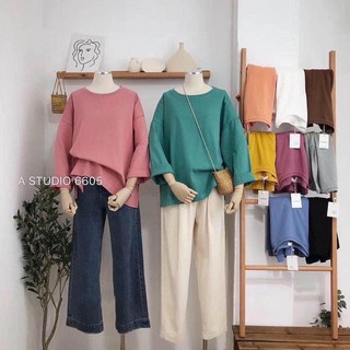 Áo pull cotton dáng thụng dấu quần dài tay