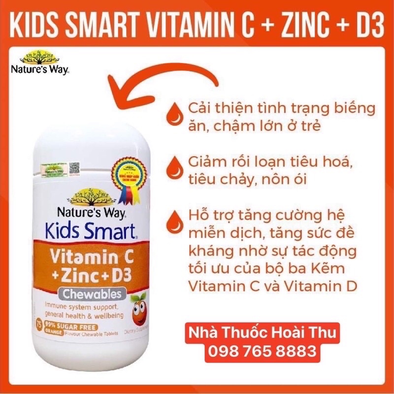 [ Chính hãng] Viên nhai Nature's Way Kids Smart Vitamin C+ZinC + D3 Chewables ( Úc )