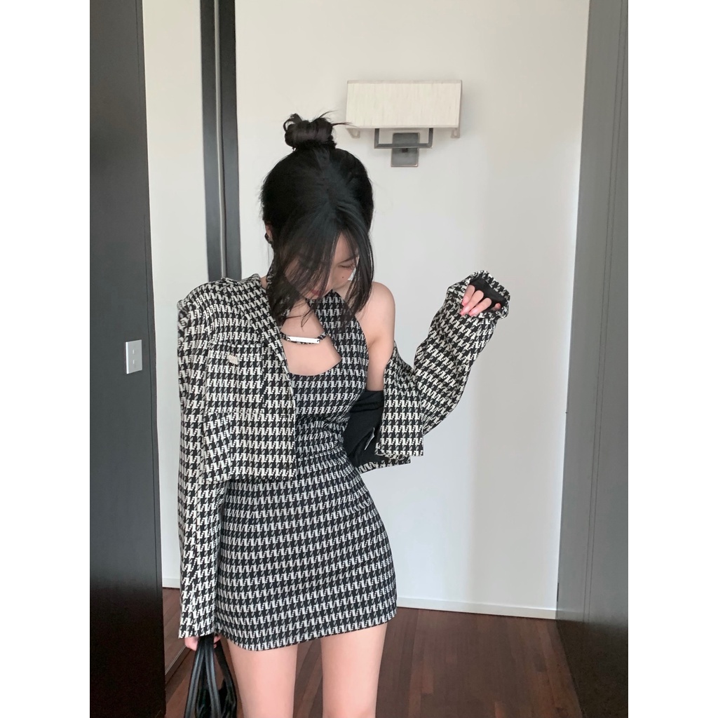 Đầm ôm / Áo khoác họa tiết ca rô thanh lịch thời trang dành cho nữ