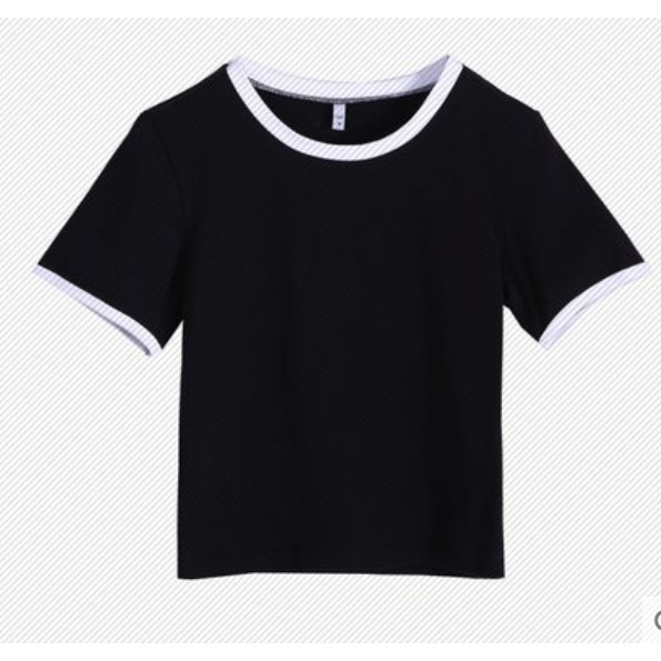 Áo Croptop Nữ Tay Ngắn Dáng Ôm Phối Viền Cổ 2 Màu Đen Trắng Xưởng May DCS