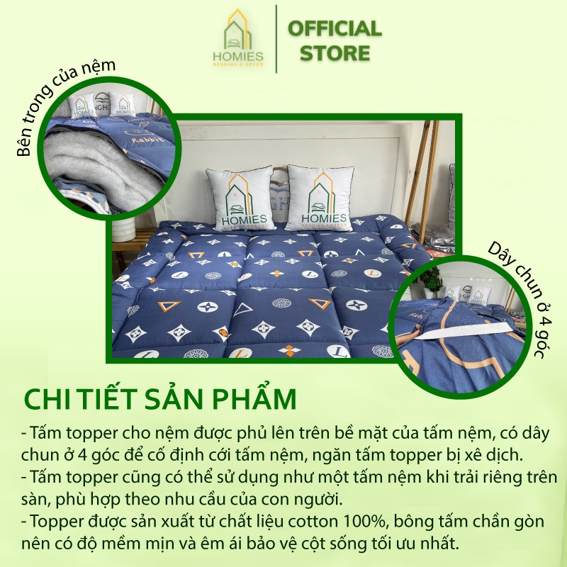 Nệm Topper Họa Tiết LV HOMIES Tấm làm mềm đệm cotton Đũi Hàn quốc mới nhất 2020 - Có Chun 4 Góc Cố Định Đệm