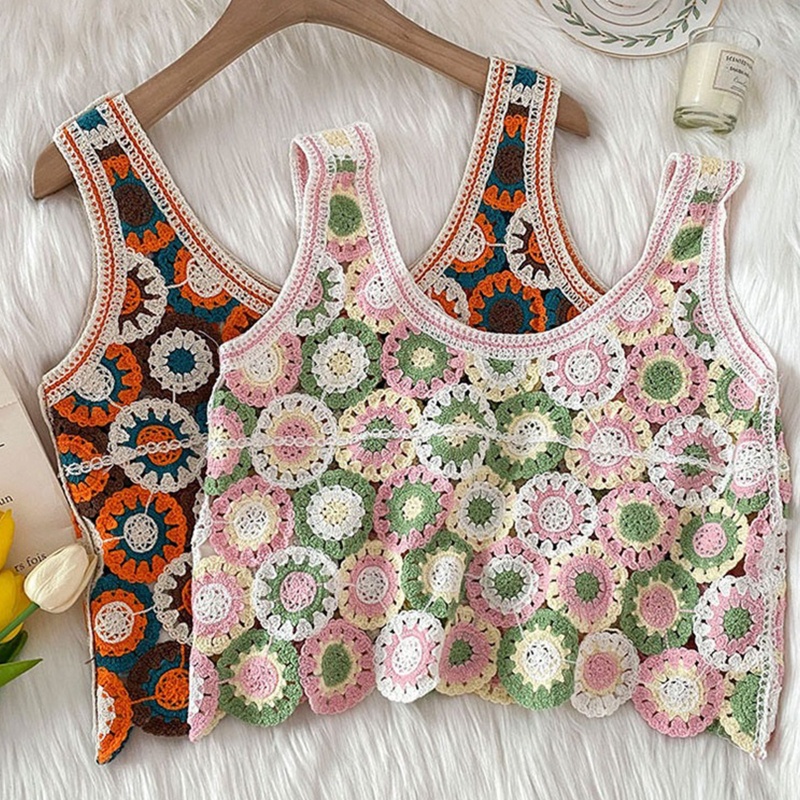 Brroa Áo Crop Top Dệt Kim Không Tay Họa Tiết Hoa Tròn Rỗng Đan Móc Thời Trang Đi Biển Cho Nữ