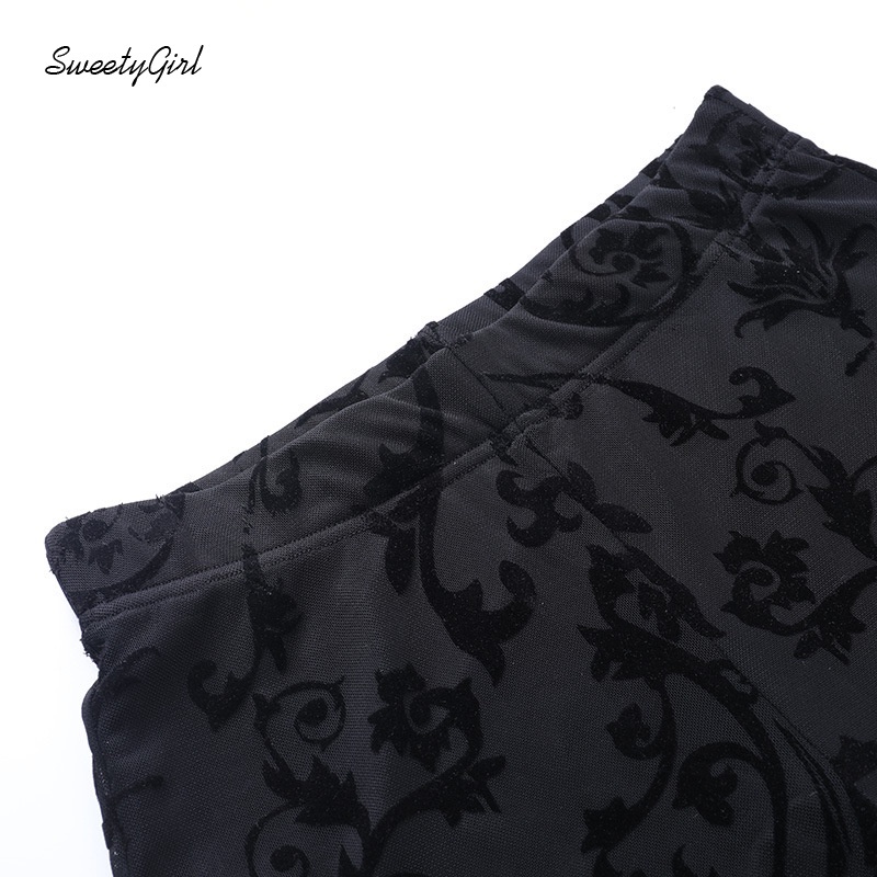 SweetyGirl Women Long Pants Fashion Translucent Mesh Patchwork Mid-rise Waist Flared Leg Slim Fit Casual Trousers