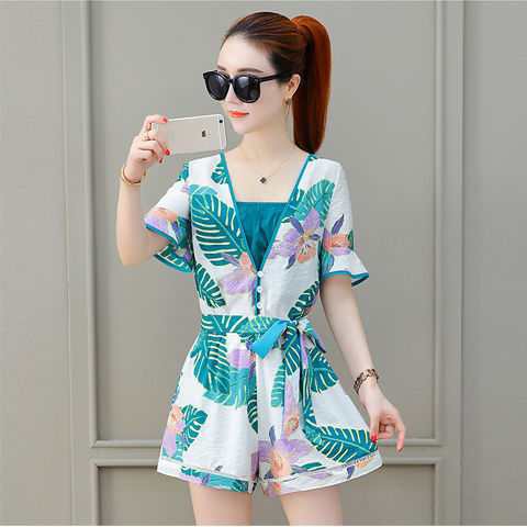 (P071)Set trang phục Jumpsuit cổ vạt chéo cách điệu thắt nơ eo họa tiết lá nổi bật kiểu dáng thời trang sành điệu mát mẻ