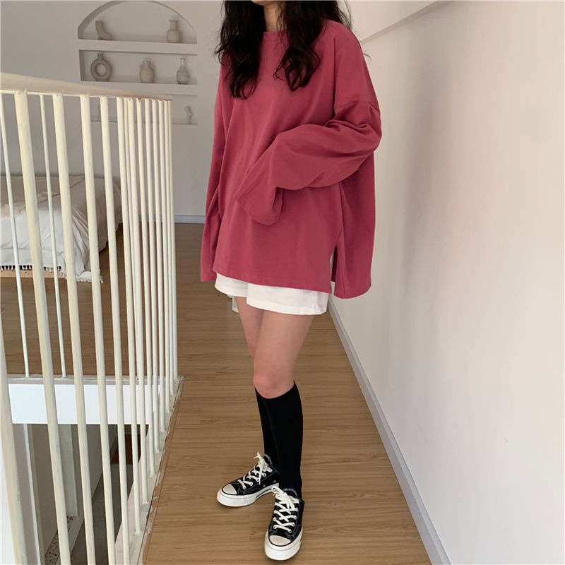 Áo Thun Tay Dài Cổ Tròn Dáng Rộng Xẻ Tà Cá Tính Cho Nữ