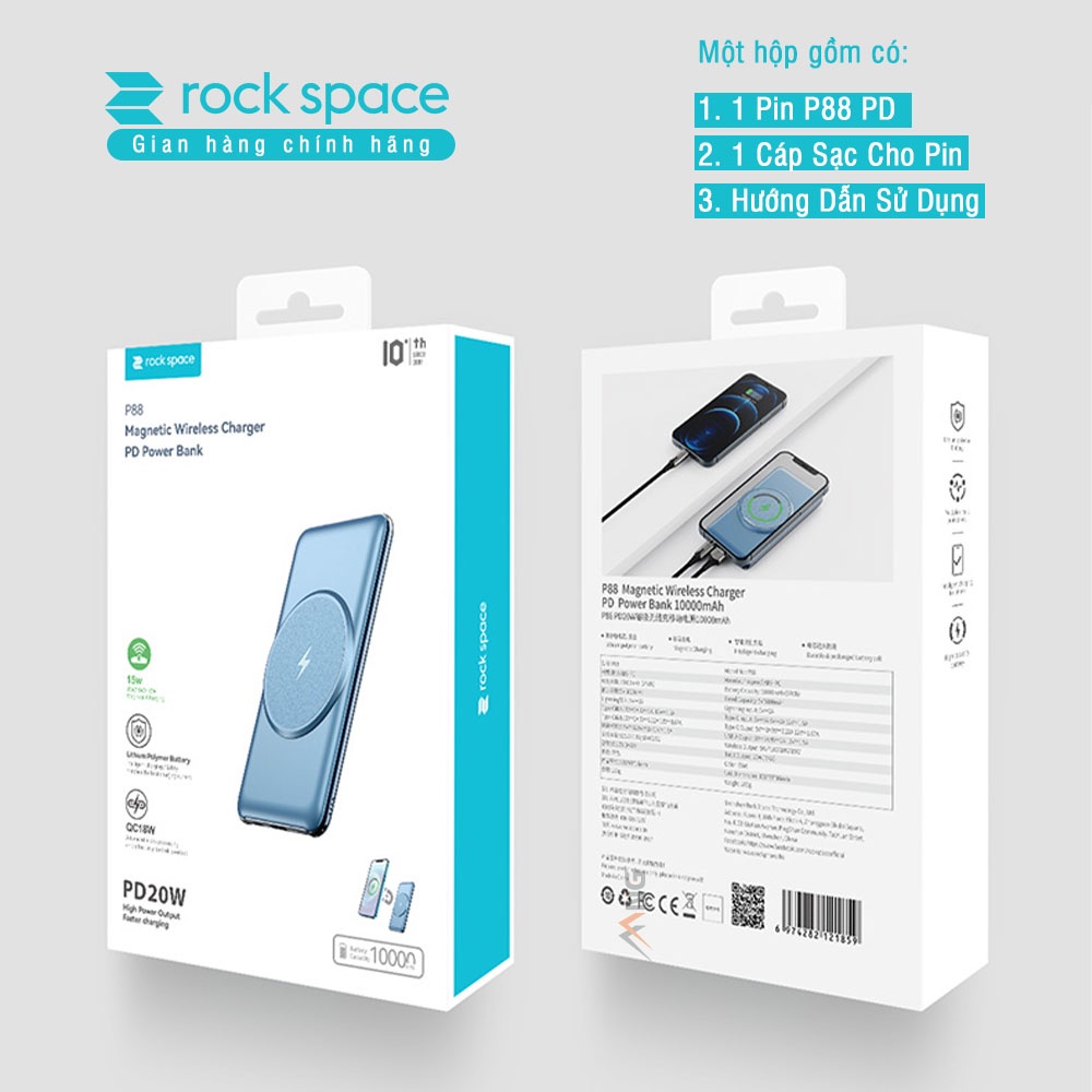 Pin sạc dự phòng không dây Rockspace P88 sạc nhanh PD 20W dung lượng 10000mAh, sạc nhanh cho ip12, ip13 Hàng chính hãng