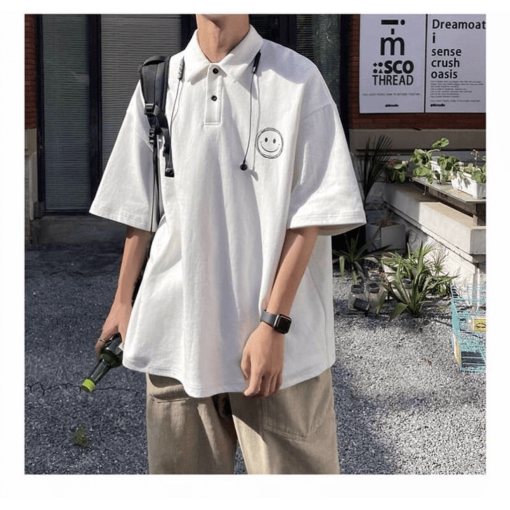 MẤU HOT -- ÁO THUN CÓ CỔ OVERSIZE NAM IN HÌNH MẶT CƯỜI ĐƯỢC NHIỀU NGƯỜI ƯA THÍCH