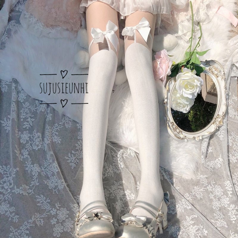 Tất/ vớ đùi jk len dày 2 tầng trong suốt đính nơ lolita