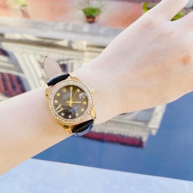 Đồng hồ Rolex nữ dây da viền kim cương nhẹ nhàng sang chảnh hottrend