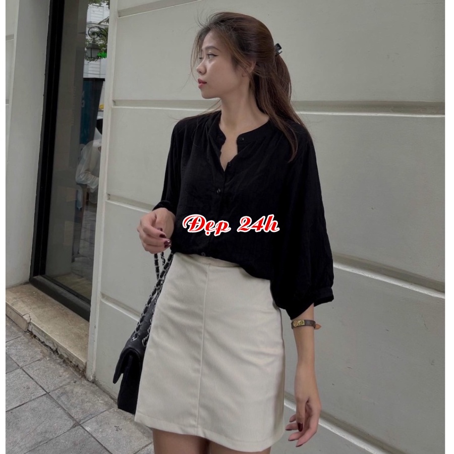 Áo sơ mi nữ cổ tròn tay lỡ Đẹp 24 giờ chất liệu mềm nhẹ mát form rộng bigsize che khuyết điểm SMH.34