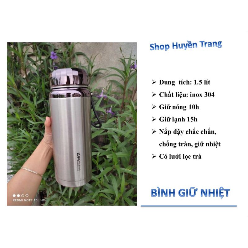 (Giữ nhiệt đến 12h) Bình giữ nhiệt inox 304, nắp bình cấu trúc kim cương 1500ml