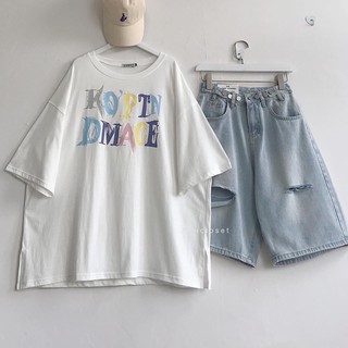 Quần jeans ngố đai nút rách