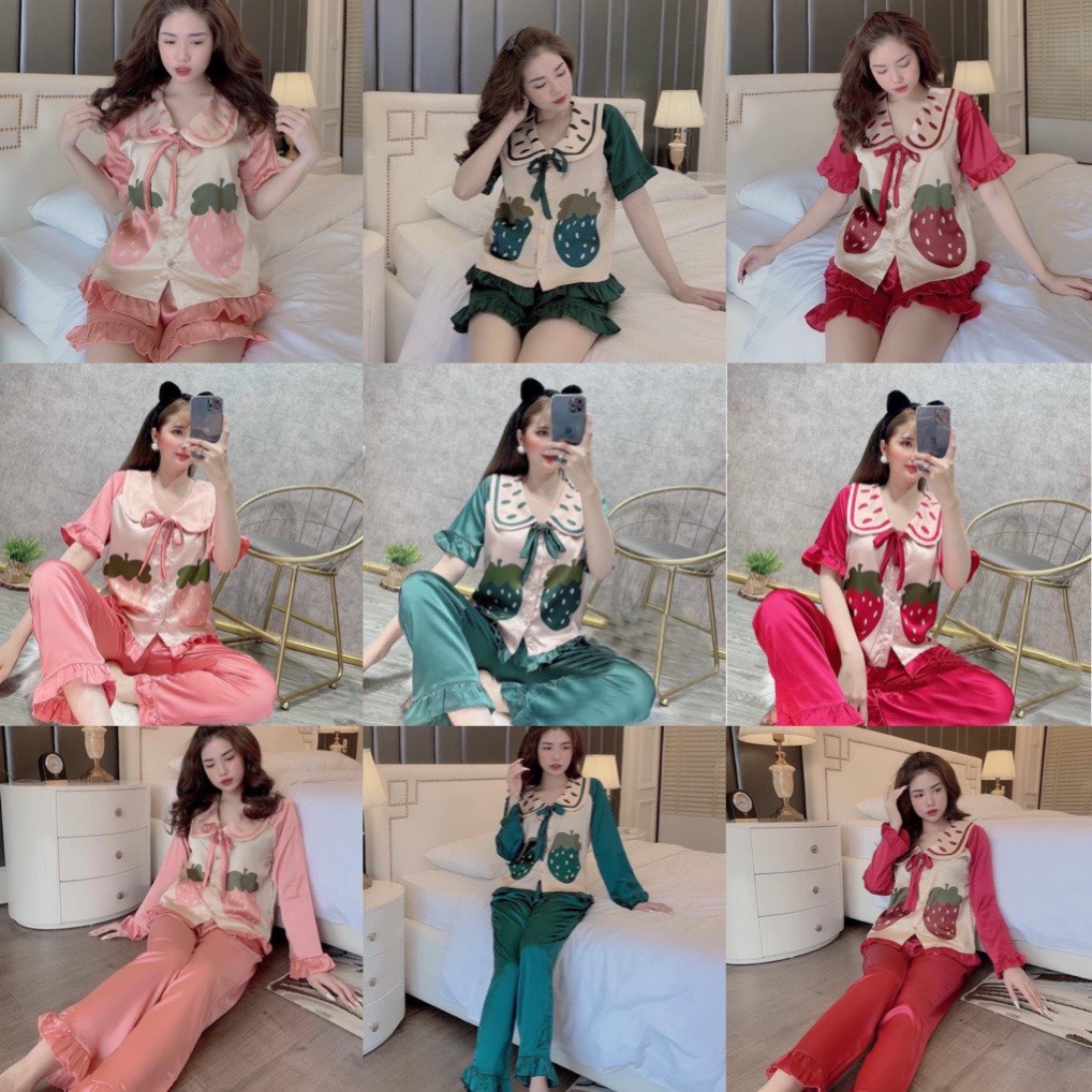 Bộ đồ Pijama lụa💖Set lụa thiết kế Quần Sooc + Set dài Họa tiết chất liệu mát lịm dâu tây
