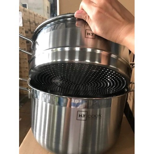 Giá Siêu Sốc Bộ nồi và xửng hấp inox 430 bếp từ 1 đáy HT COOK 28cm nắp kính dùng được bếp từ - bảo hành 1 tháng luôn