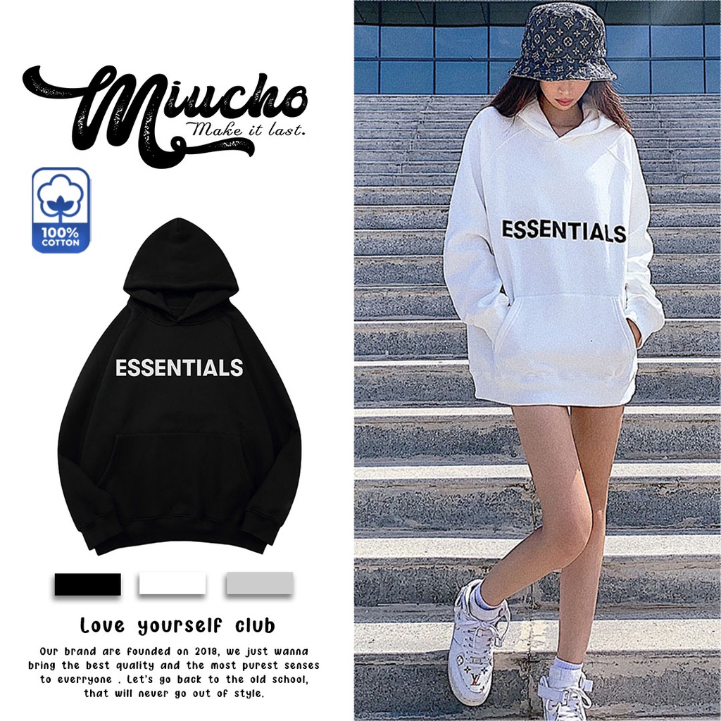 Áo hoodie essentials form rộng dày dặn, áo khoác essentials chất nỉ bông 100% cotton unisex HD011 Miucho in logo