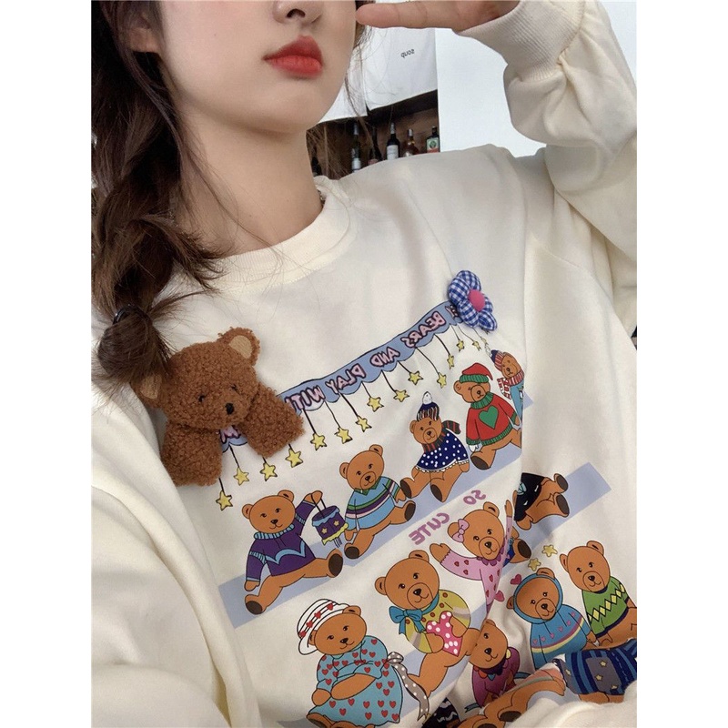 Áo Sweater Dáng Rộng In Họa Tiết Gấu Dễ Thương Phong Cách Hàn Quốc Thời Trang Thu Đông Cho Nữ