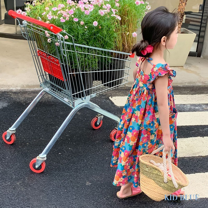 Đầm Dài Cổ Vuông Tay Cánh Tiên In Họa Tiết Hoa Thời Trang Hàn Quốc Cho Bé Gái