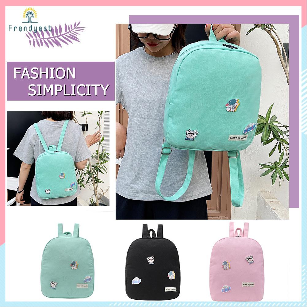 Vintage Women Canvas Solid Color Backpack Casual Knapsack Handbags Badges