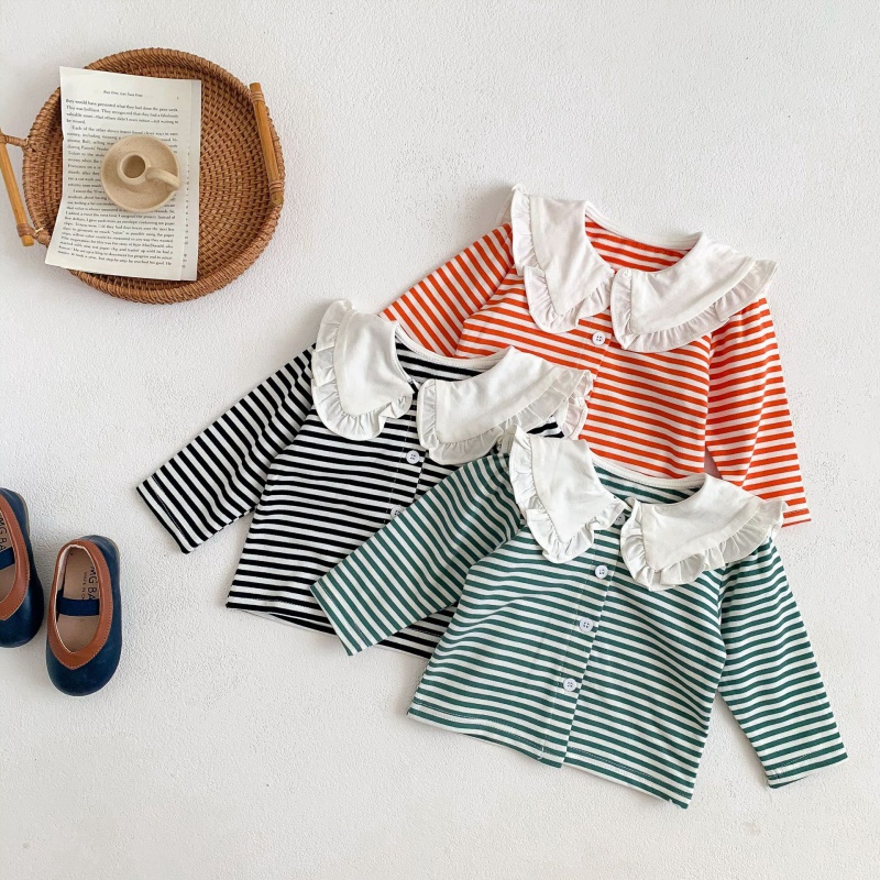 Áo Cardigan Họa Tiết Kẻ Sọc Có Diềm Xếp Nếp Dễ Phối Đồ Cho Bé Gái
