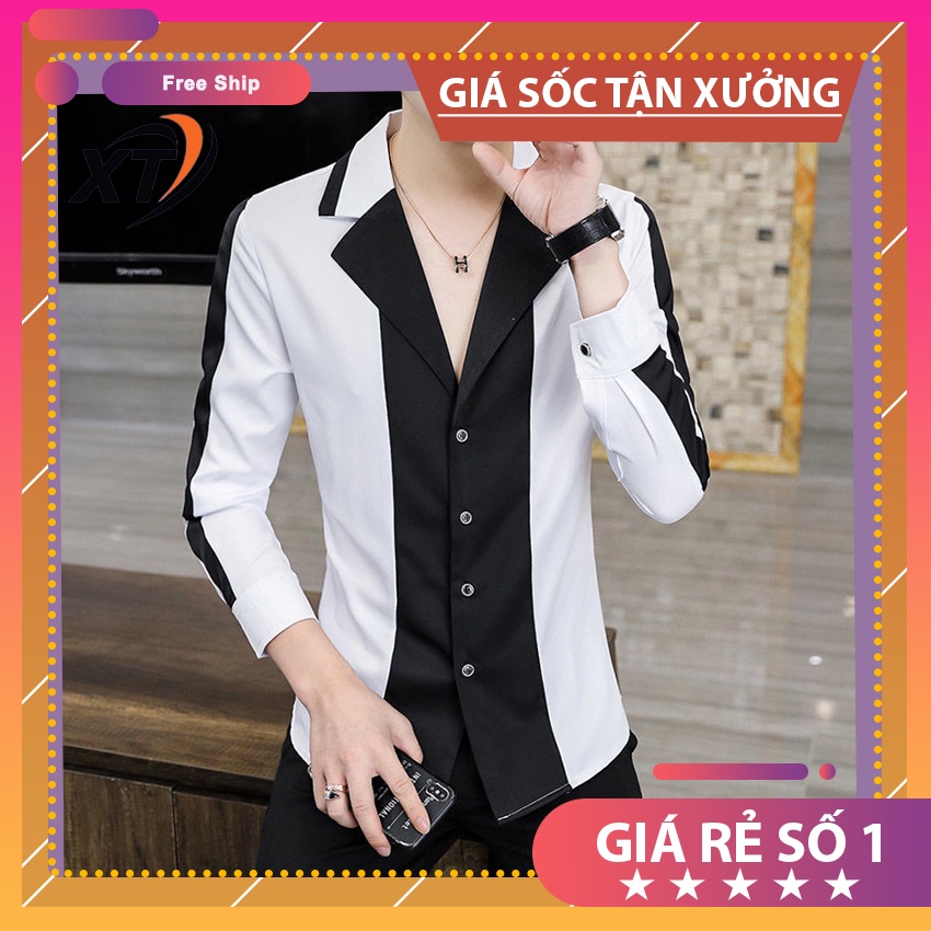 Áo sơ mi nam, Áo sơ mi dài tay phối 2 màu chủ đạo đen trắng, chất vải có giãn nhẹ, không nhàu, không nhăn, mã N22