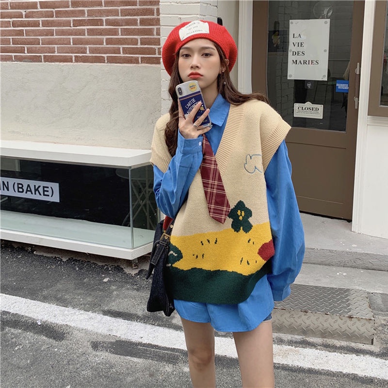 Set áo len không tay và áo sơ mi tay dài thời trang dành cho nữ