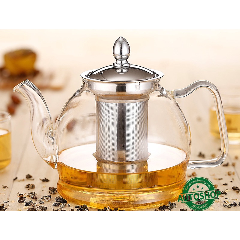 Bình Trà  Thủy Tinh Cao Cấp Có Lưới Lọc, Bình Dạng Lùn Phong Cách Hiện Đại Dung Tích 1 lít (ảnh thật)