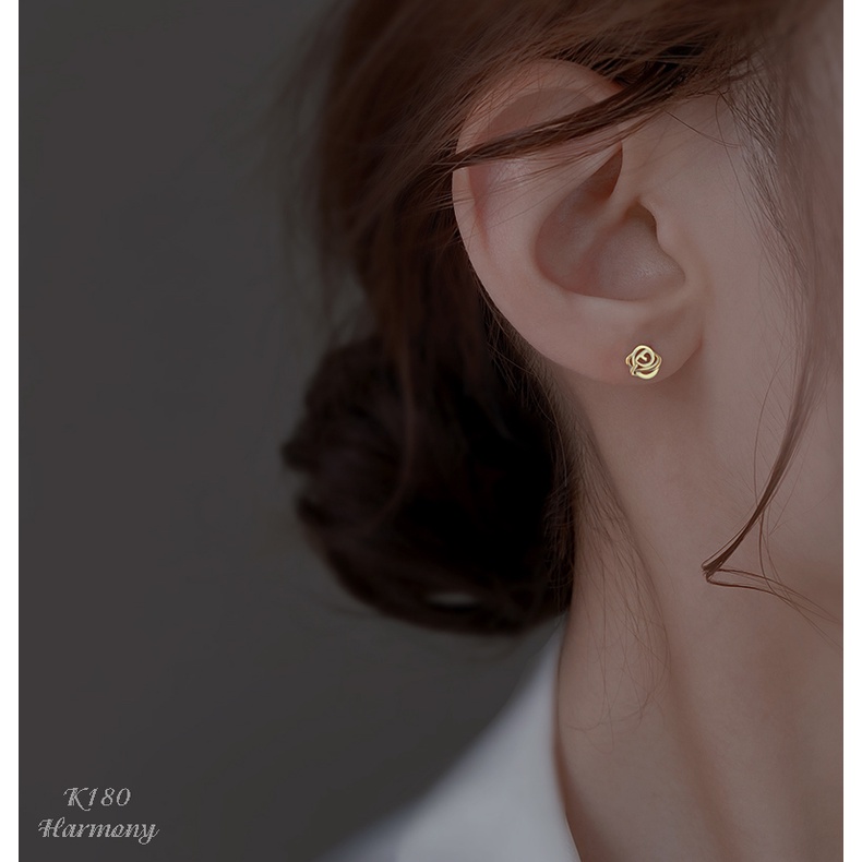 Bông tai, Khuyên tai nữ bạc mạ vàng Rose mặt hoa hồng đơn giản, xinh xắn, nữ tính K180| TRANG SỨC BẠC HARMONY