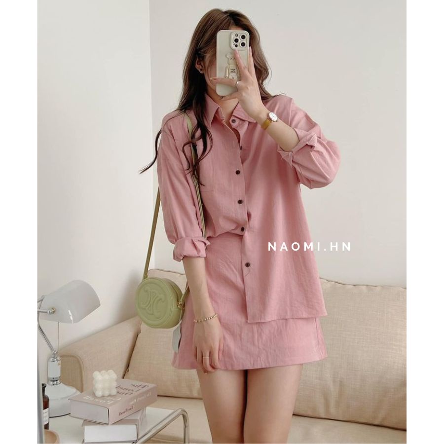 Set bộ đũi áo sơ mi dài tay kèm chân váy chữ A chun sau có quần bảo hộ. Set đồ nữ áo sơ mi cổ đức kèm váy nhiều màu