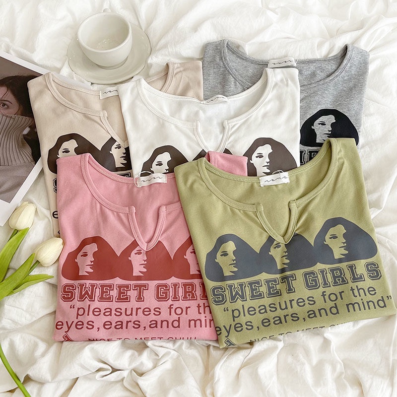 Áo Thun Cotton Tay Ngắn Cổ Chữ V In Họa Tiết Phong Cách Vintage