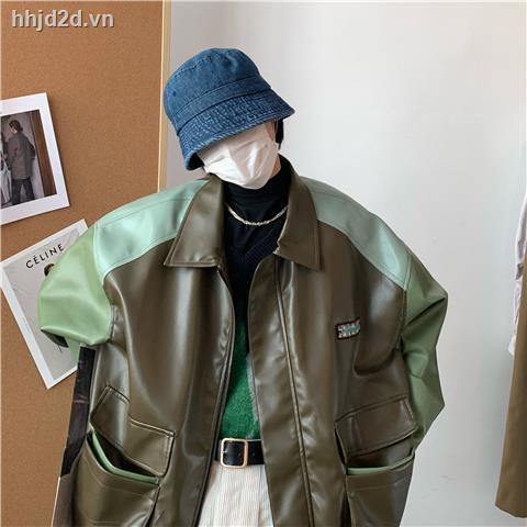 Áo khoác da C2 dáng rộng ghép nối màu nổi thời trang thu đông Mỹ 2021 cổ điển làm tại nhà cho nam và nữ