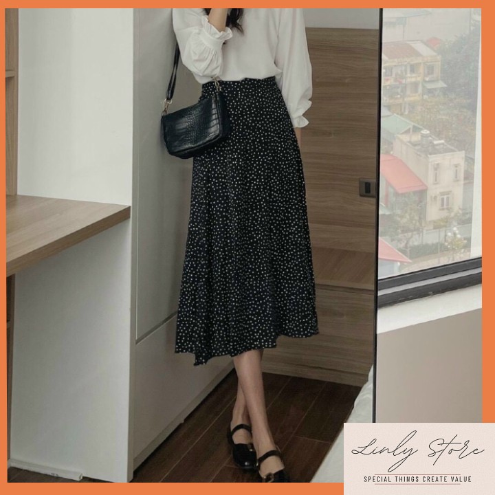 CHÂN VÁY DÀI 2 LỚP - CHÂN VÁY XUÔNG CHẤM BI CHẤT LỤA NHẬT