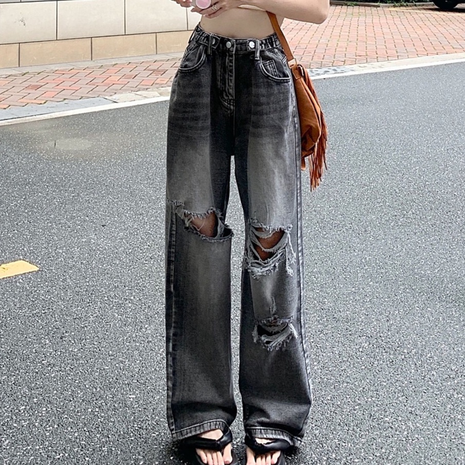 Quần jean nữ unisex ống rộng lưng cao, quần bò nữ unisex rách phong cách hip hop cá tính 9913