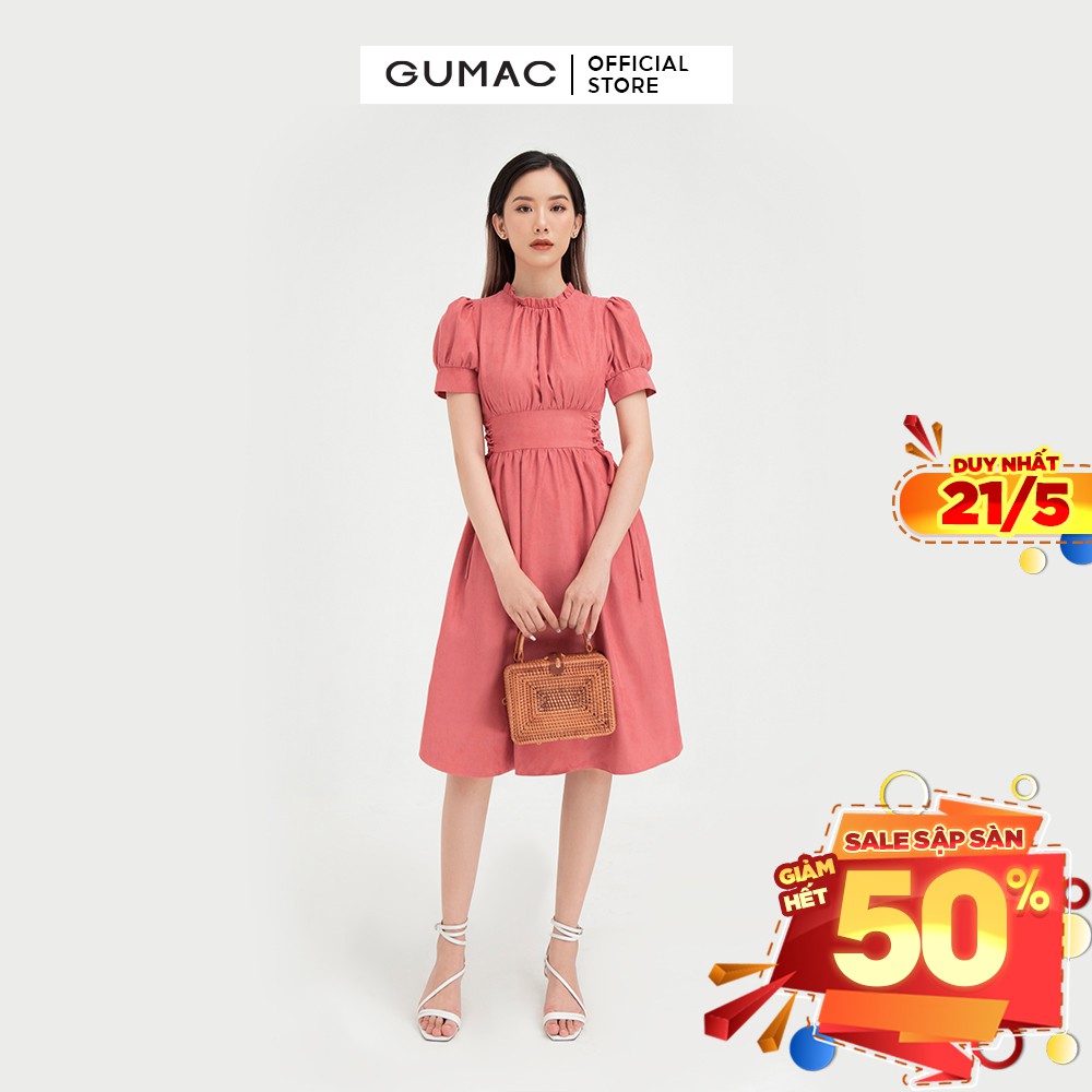 [Mã WABRGU155 giảm 15% tối đa 50k đơn 199k] Đầm xòe nữ đan eo nhún cổ GUMAC màu hồng phong cách vintage DB423 | BigBuy360 - bigbuy360.vn