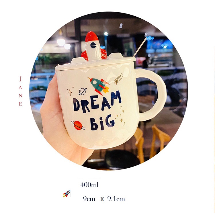 [HOT] Cốc sứ du hành vụ trụ có tặng kèm thìa inox 400ml