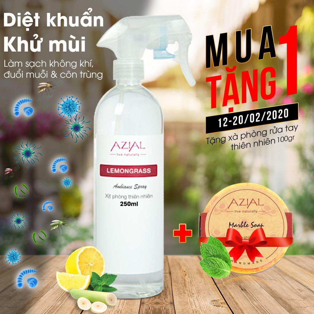 Bình xịt phòng tinh dầu sả chanh AZIAL Lemongrass 250ml, khử mùi, diệt khuẩn, đuổi muỗi, hương thơm dễ chịu