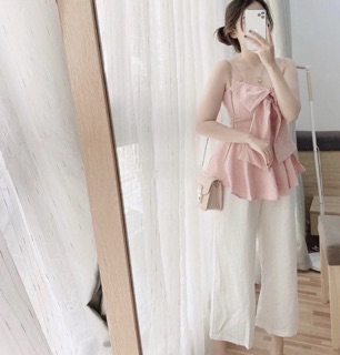 Set áo 2s nơ mix quần suông trắng