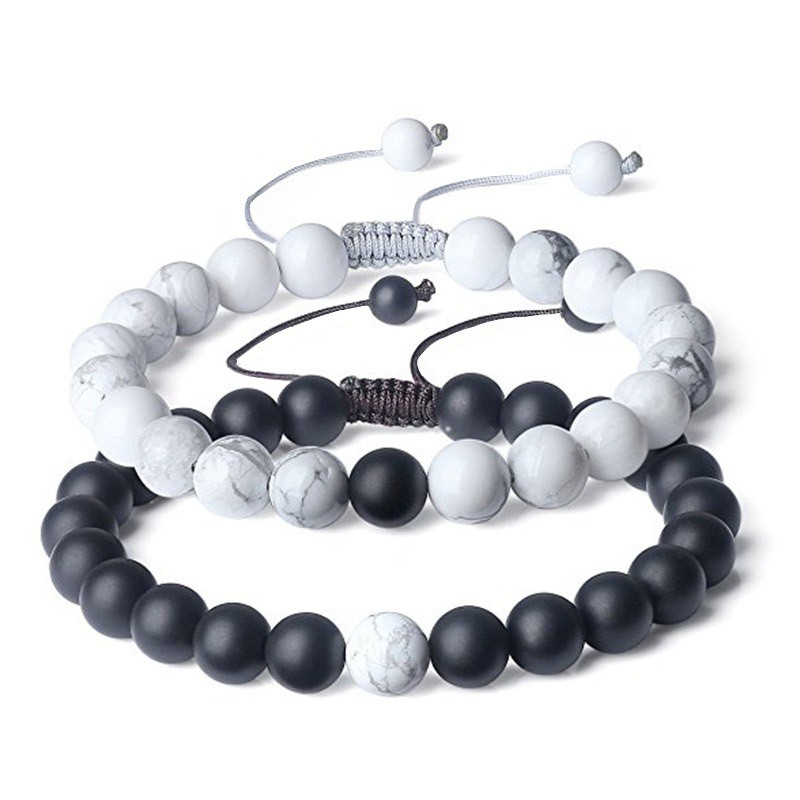 flowersqueen Vòng tay chuỗi hạt đá đen trắng tự nhiên phong cách cổ điển
