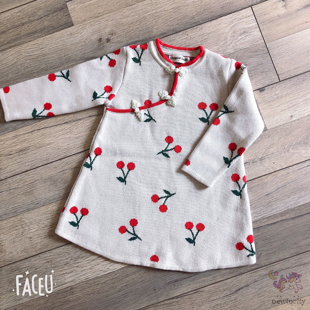 Đầm Sườn Xám Tay Dài Họa Tiết Quả Anh Đào Phong Cách Trung Hoa Dành Cho Bé Gái