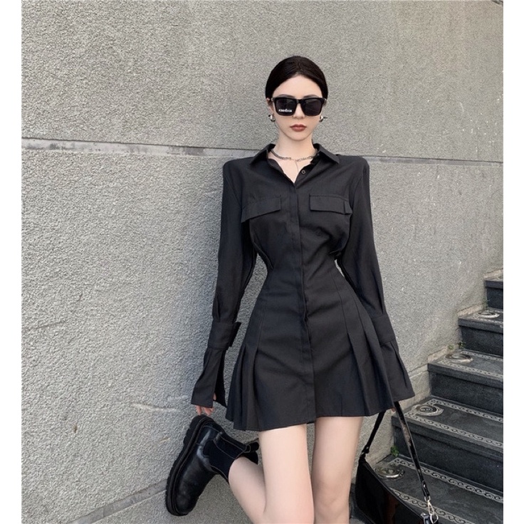 MYUNG - Đầm đen tay dài sơ mi chíp li tạo eo thân váy - BLACKY DRESS
