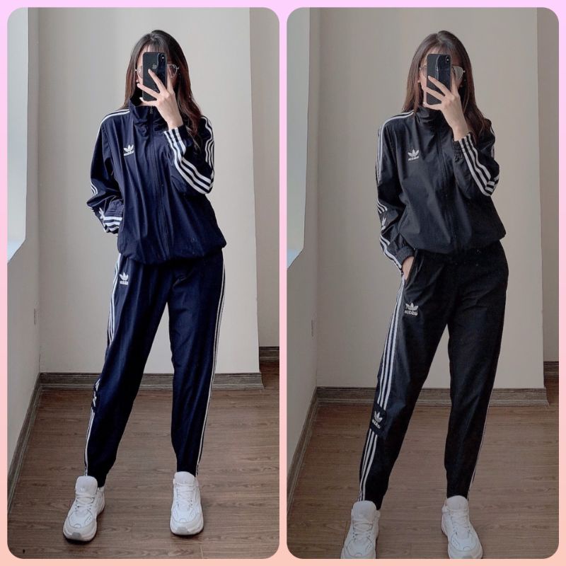 Bộ gió thể thao adidas nữ ba sọc dệt màu đen, xanh than - Bộ quần áo gió đẹp giá rẻ